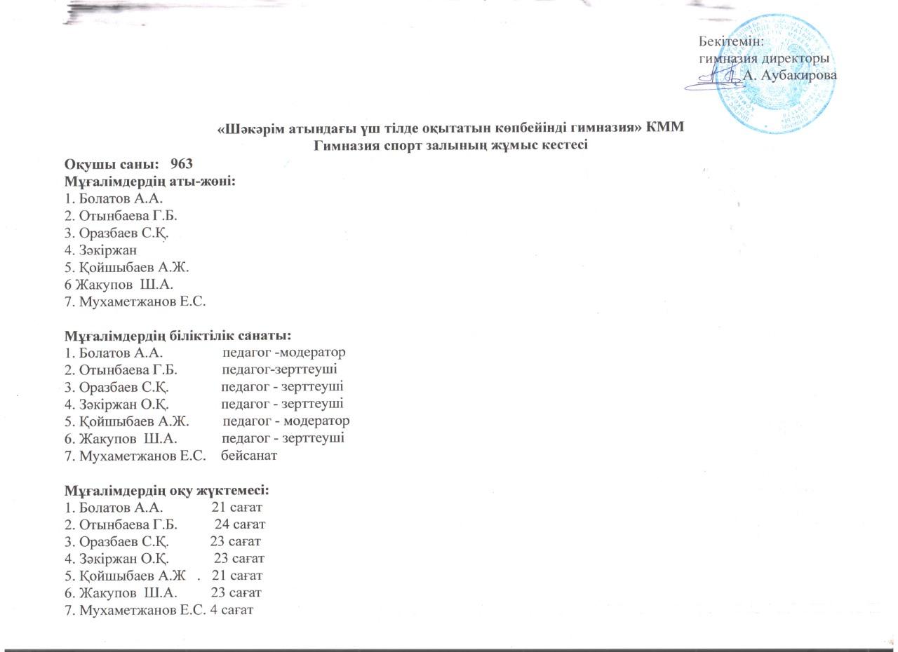 Гимназия спорт залының жұмыс кестесі