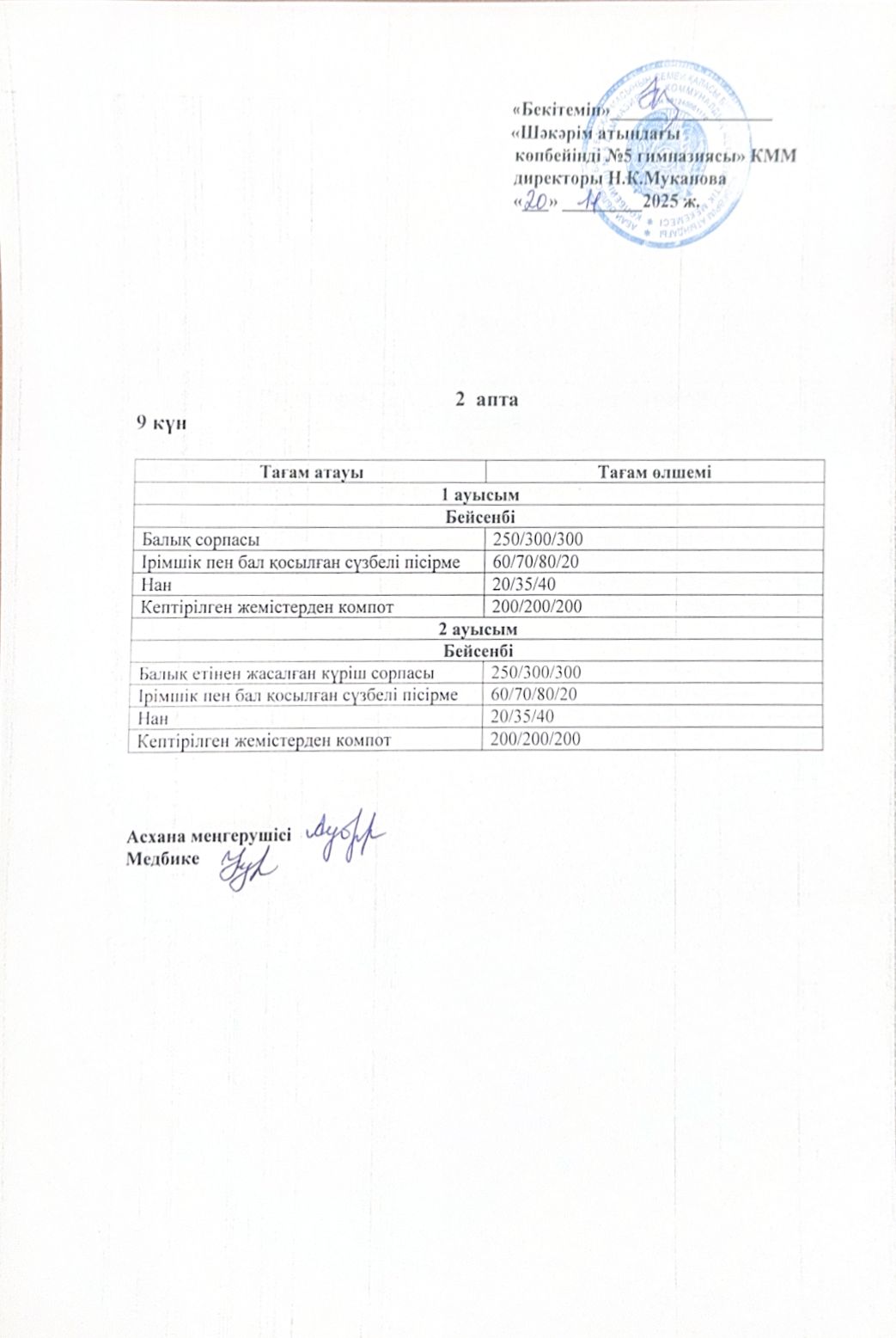 Бейсенбі күнгі ас мәзірі