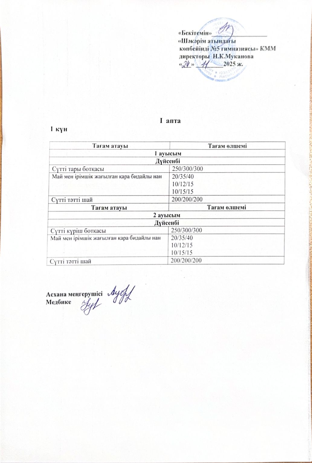 Дүйсенбі күнгі ас мәзірі