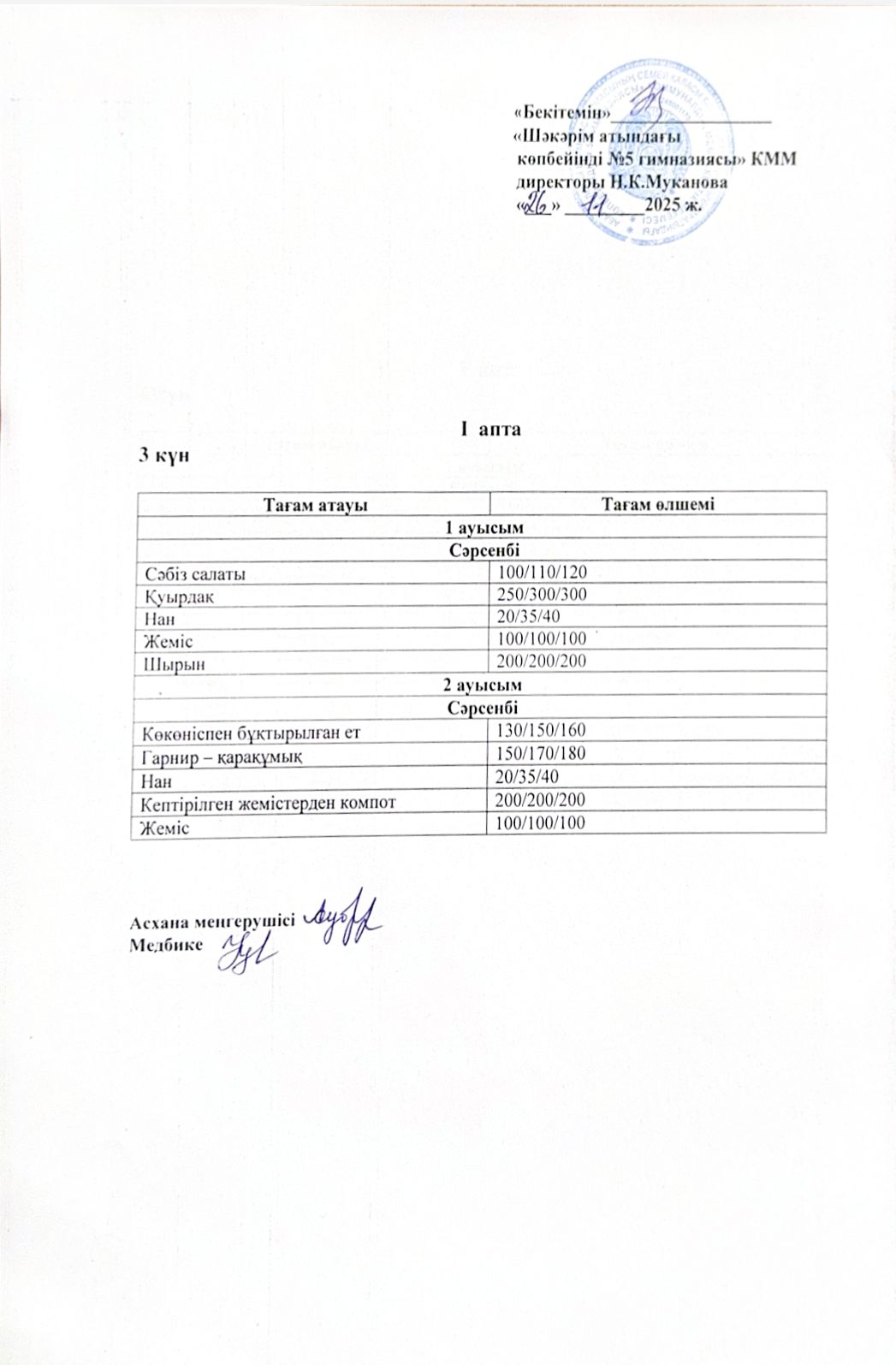 Сәрсенбі күнгі ас мәзірі