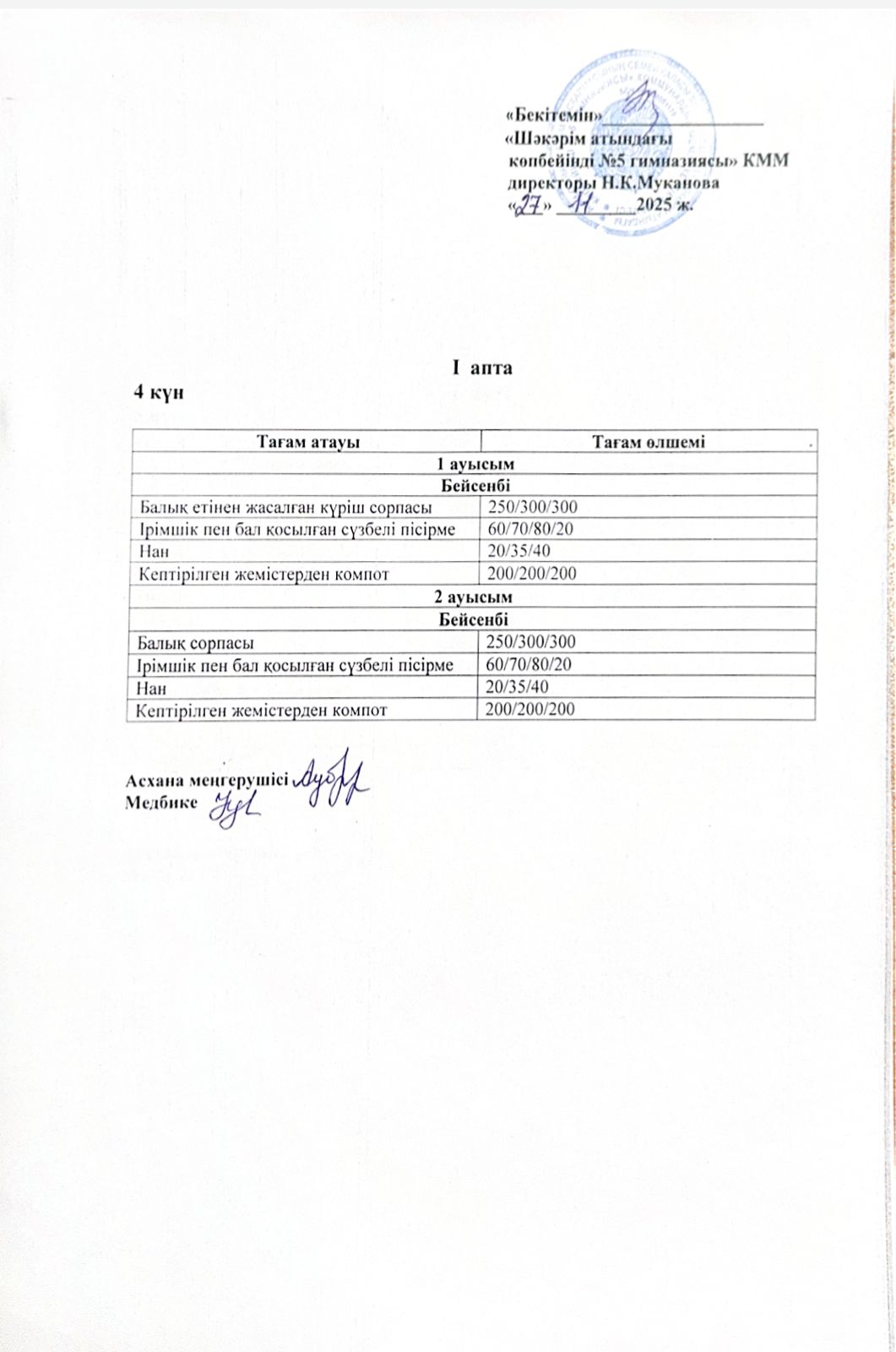 Бейсенбі күнгі ас мәзірі