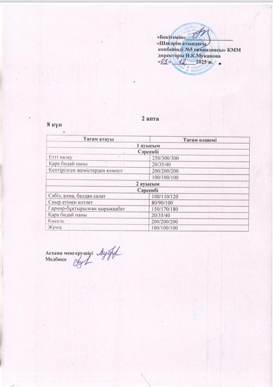 Сәрсенбі күнгі ас мәзірі