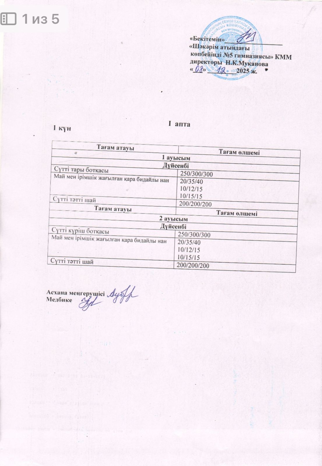 Дүйсенбі күнгі ас мәзірі