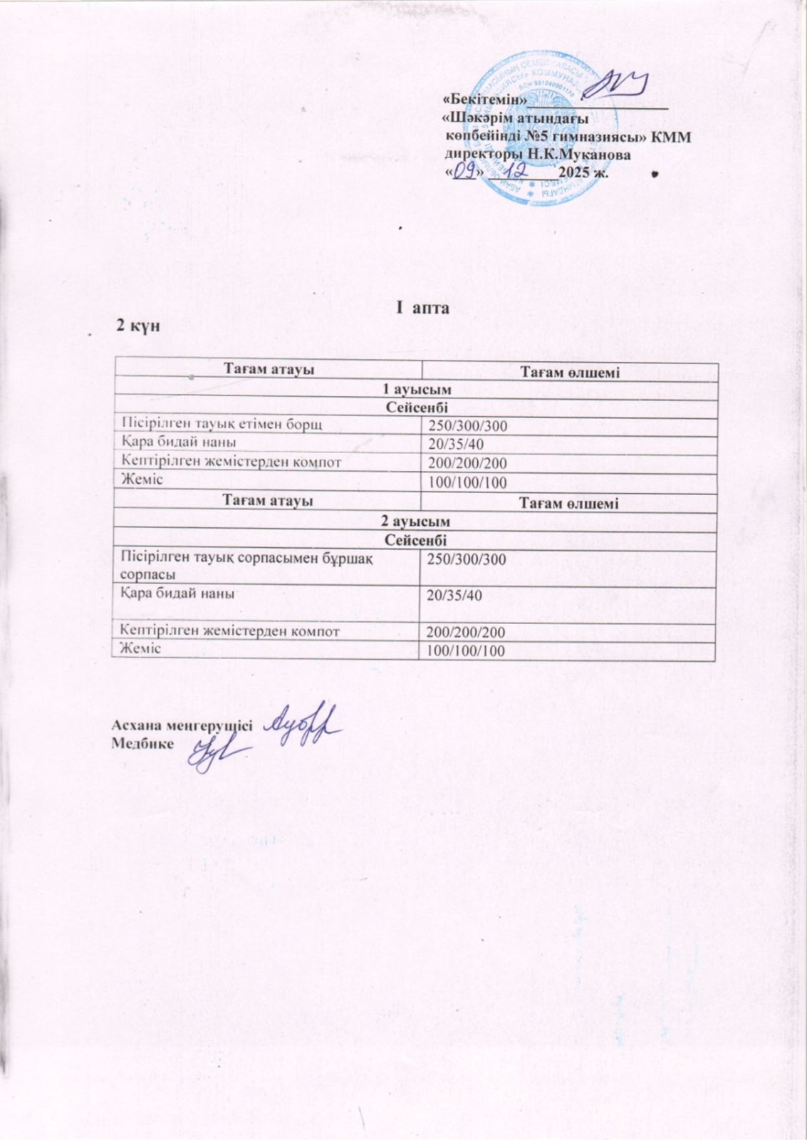 Сейсенбі күнгі ас мәзірі