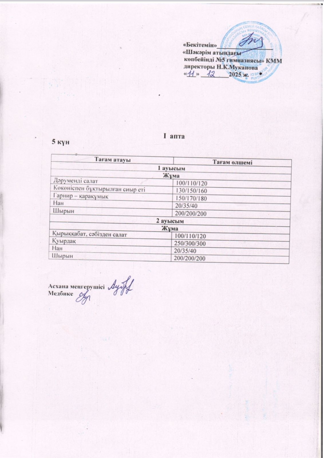 Бейсенбі күнгі ас мәзірі