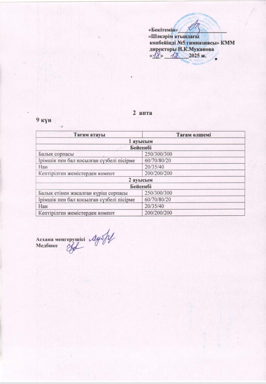 Бейсенбі күнгі ас мәзірі