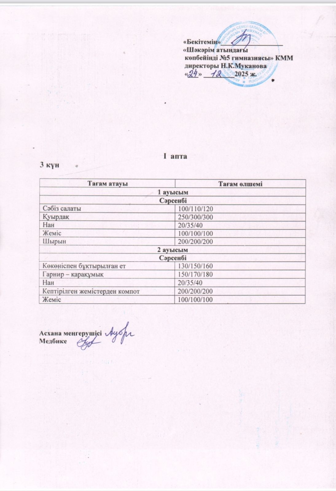 Сәрсенбі күнгі ас мәзірі