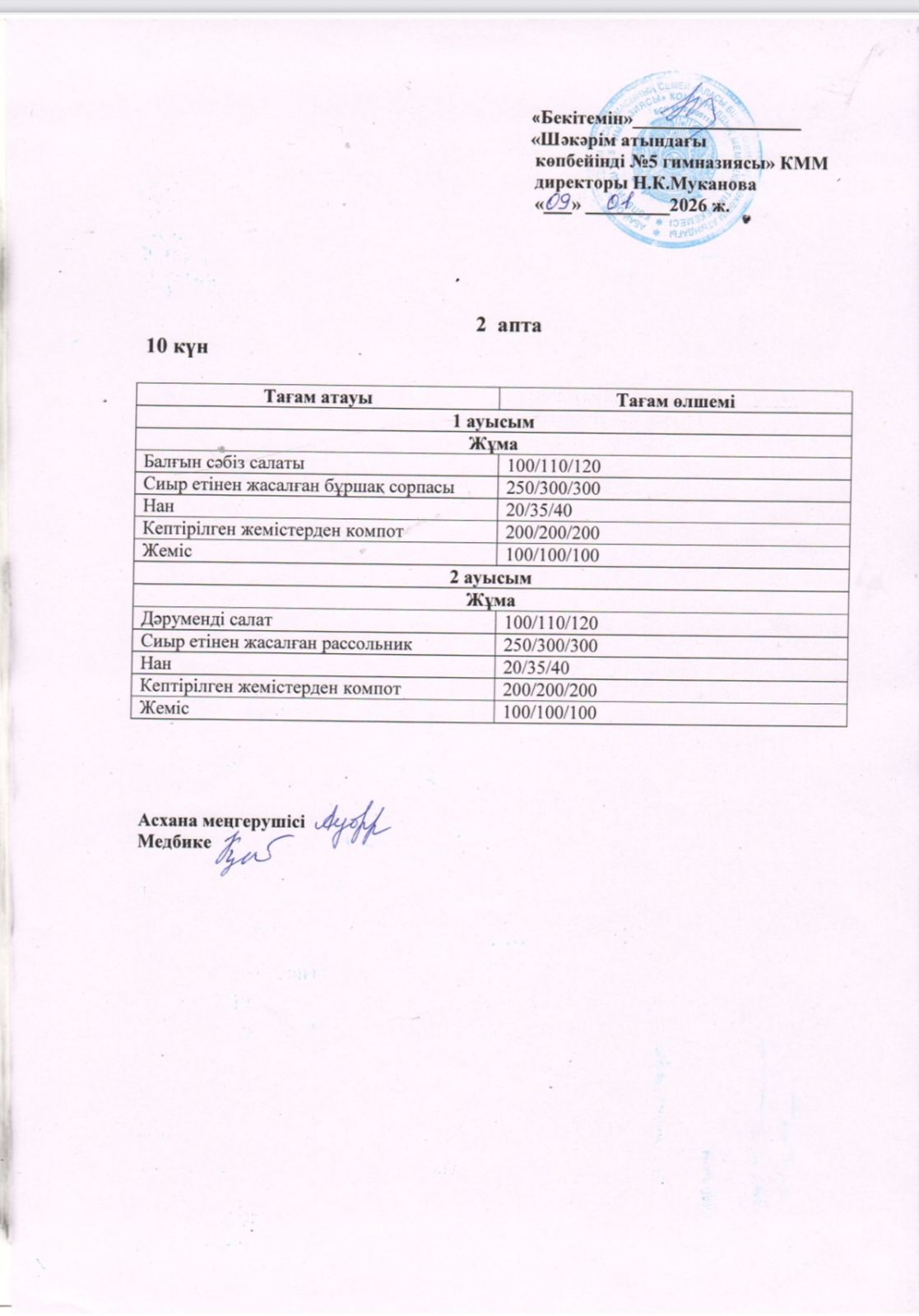 Жұма күнгі асхана мәзірі