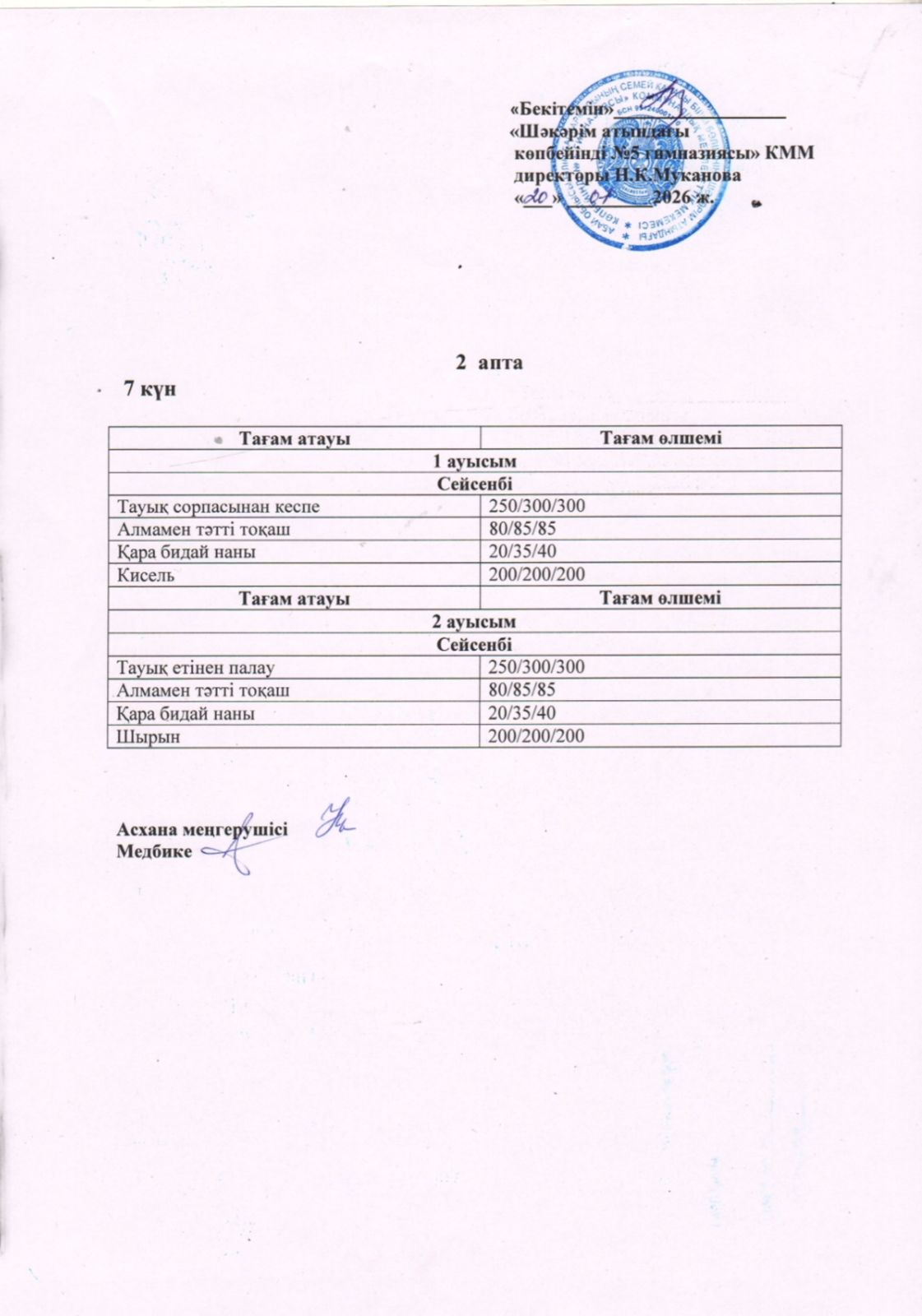 Сейсенбі күнгі ас мәзірі