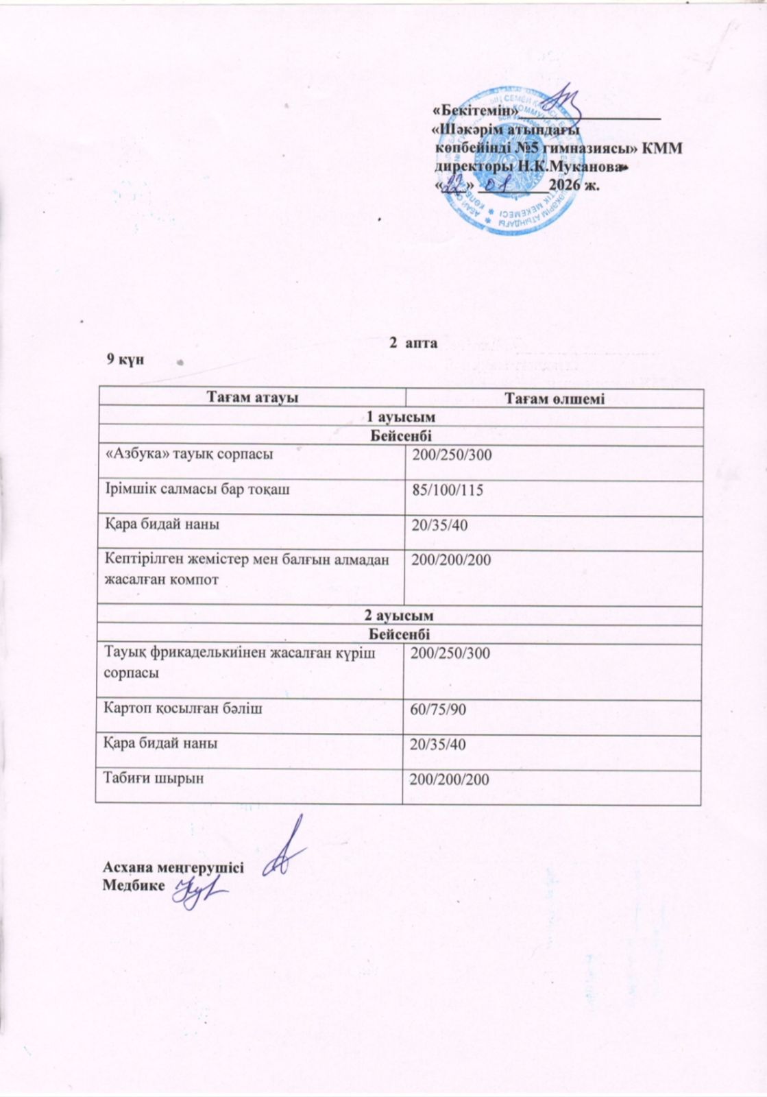 Бейсенбі күнгі ас мәзірі