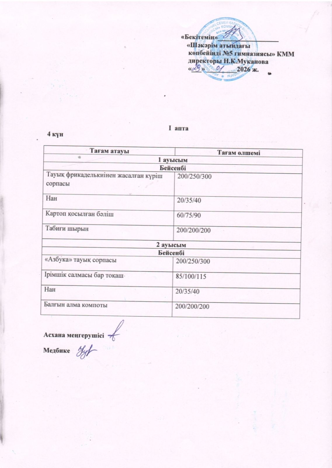 Бейсенбі күнгі ас мәзірі