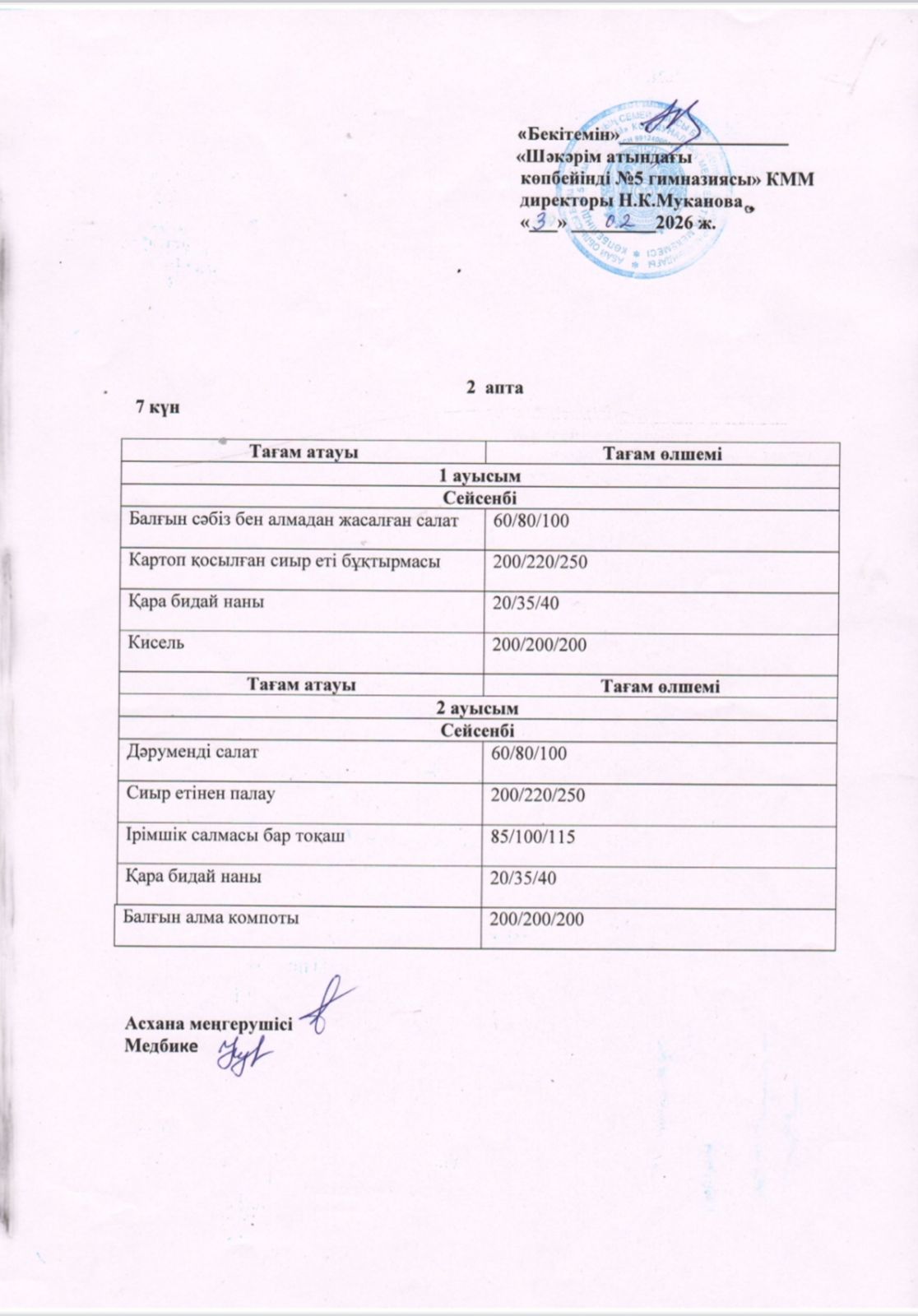 Сейсенбі күнгі ас мәзірі